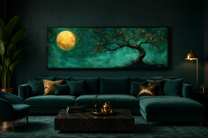 Horizontal emerald green and gold wall art of a glowing moon and tree above a velvet sofa.