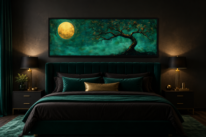 Long horizontal wall art of a golden moon and tree over an emerald green velvet bed.