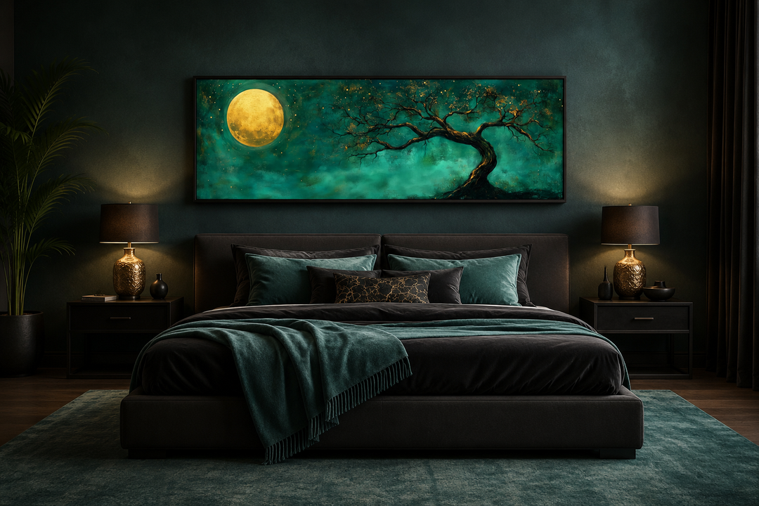 Long horizontal wall art of a golden moon and tree over a bed in an emerald green bedroom.
