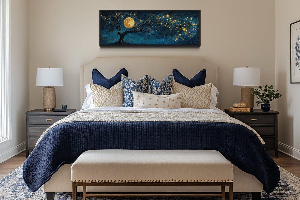 Tree And Moon Navy Blue and Gold Horizontal Above Bed Or Couch Wall Art