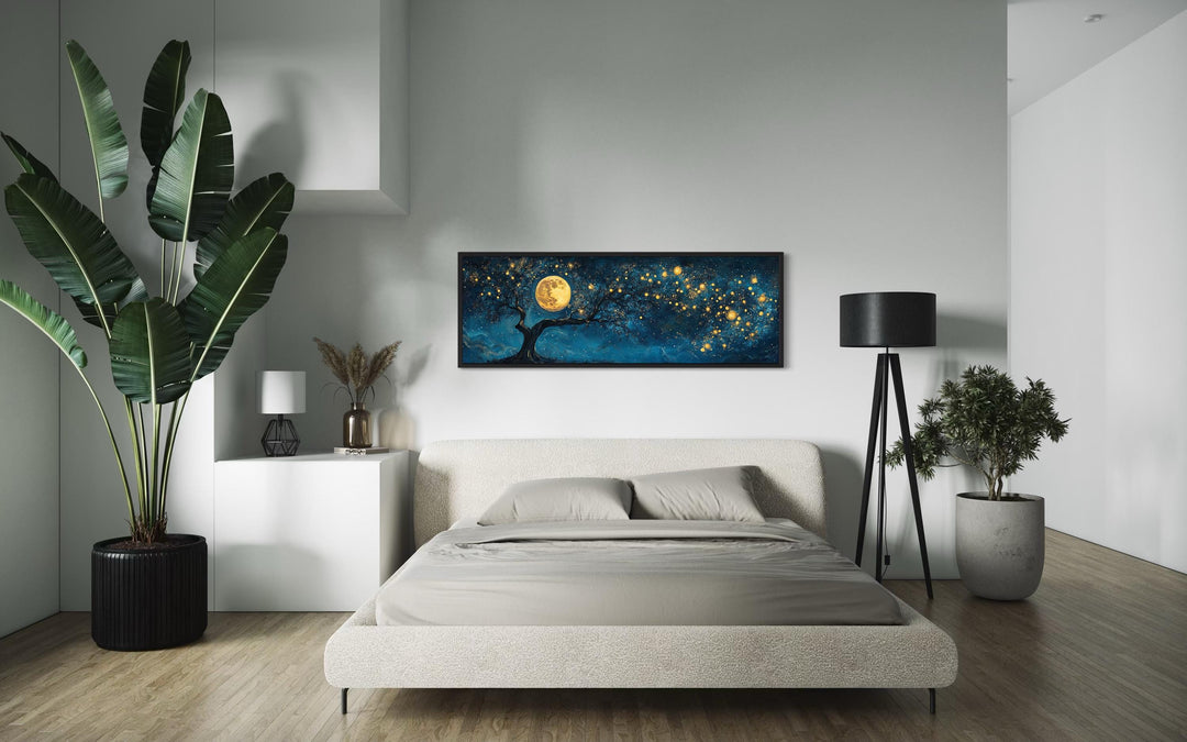 Tree And Moon Navy Blue and Gold Horizontal Above Bed Or Couch Wall Art