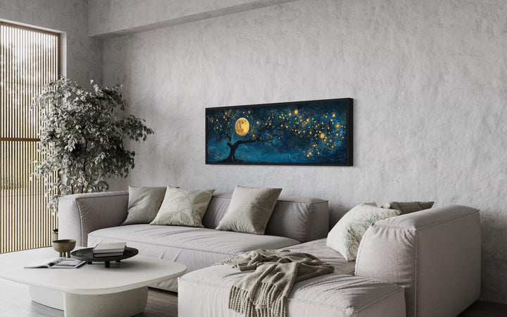 Tree And Moon Navy Blue and Gold Horizontal Above Bed Or Couch Wall Art