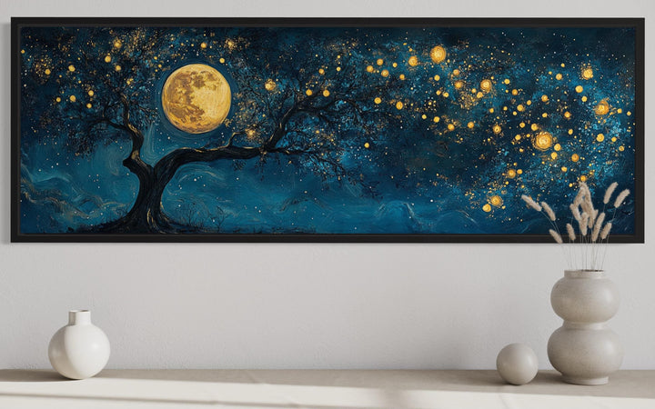 Tree And Moon Navy Blue and Gold Horizontal Above Bed Or Couch Wall Art