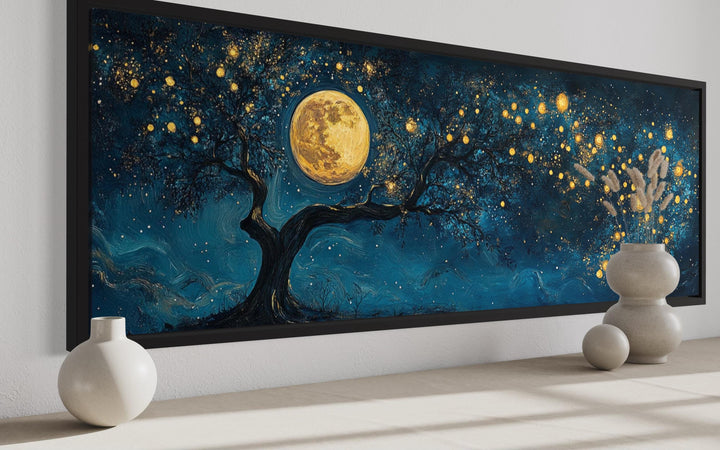 Tree And Moon Navy Blue and Gold Horizontal Above Bed Or Couch Wall Art