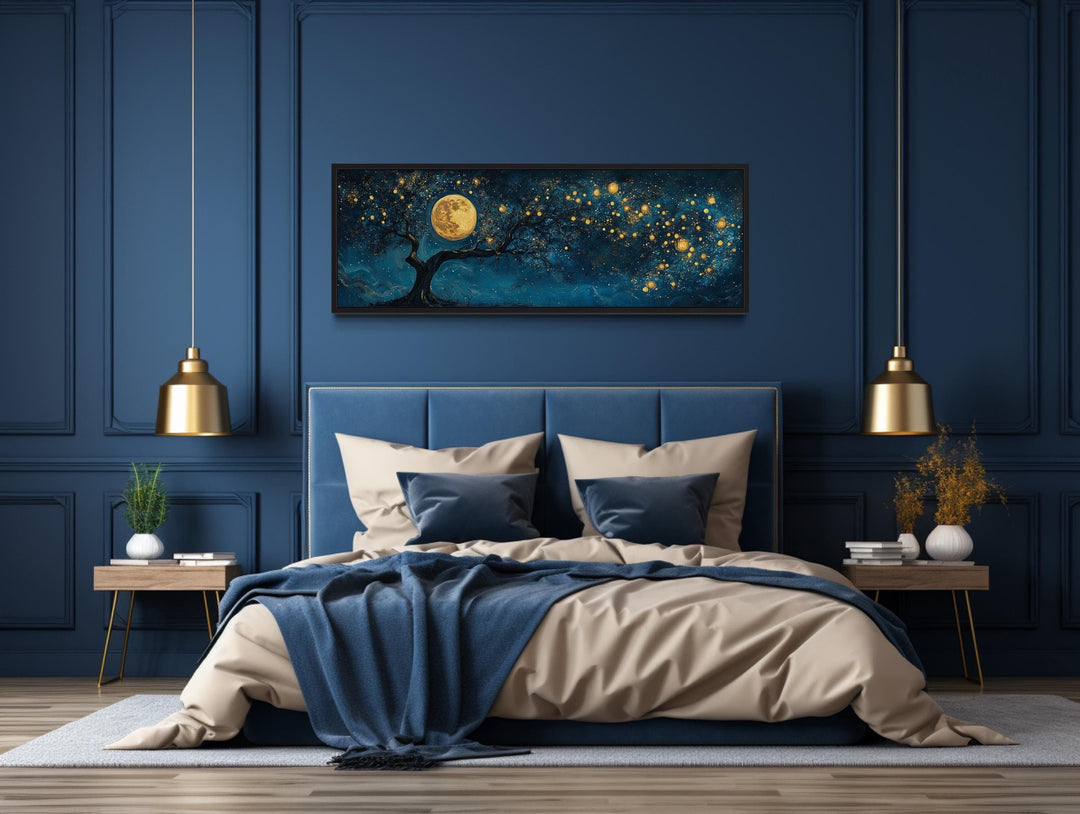 Tree And Moon Navy Blue and Gold Horizontal Above Bed Wall Art