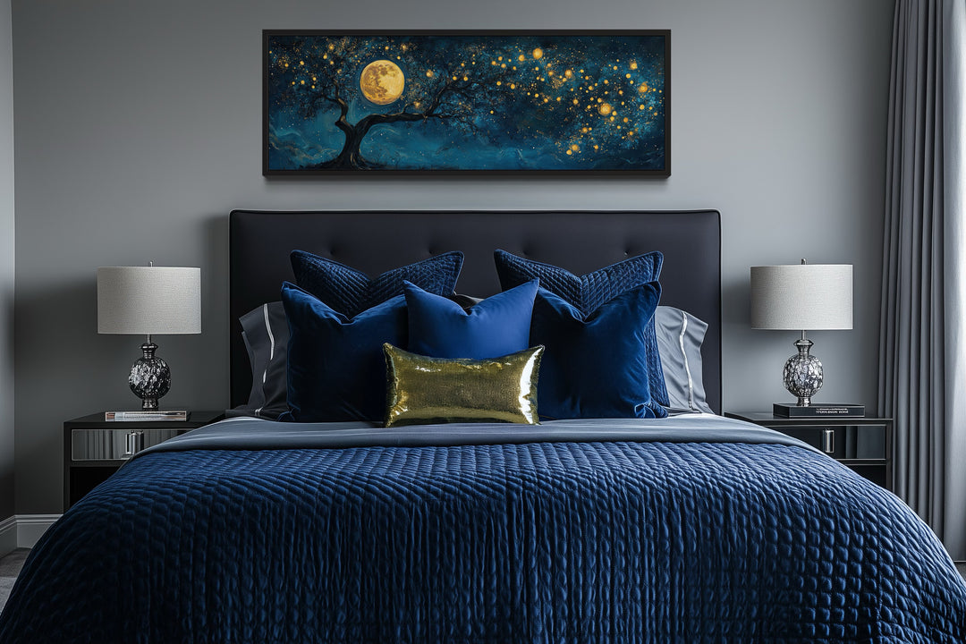 Tree And Moon Navy Blue and Gold Horizontal Above Bed Or Couch Wall Art