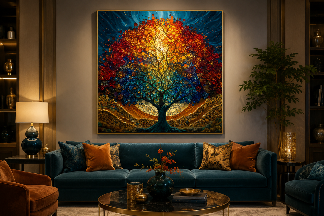 Square framed canvas wall art of a colorful stained glass style Yggdrasil tree above a teal sofa.