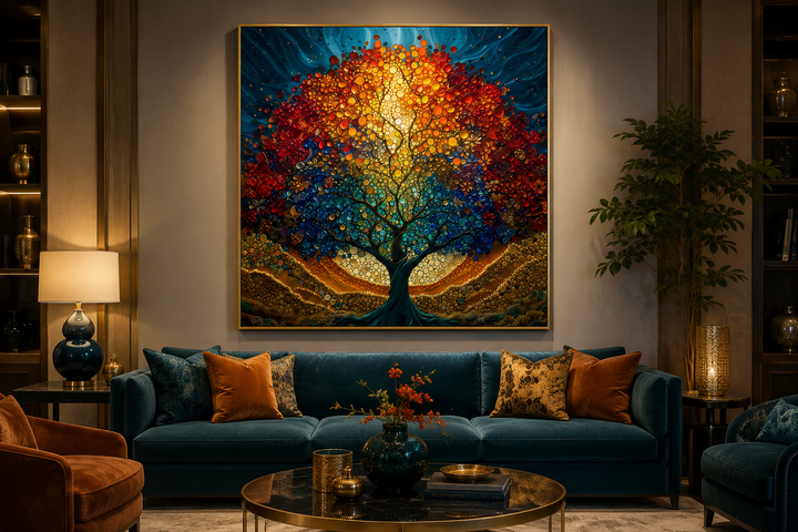 Square framed canvas wall art of a colorful stained glass style Yggdrasil tree above a teal sofa.