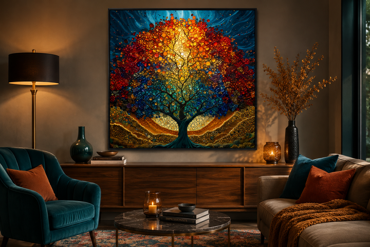 Square framed canvas art of a colorful stained glass style Yggdrasil tree in a cozy living room.