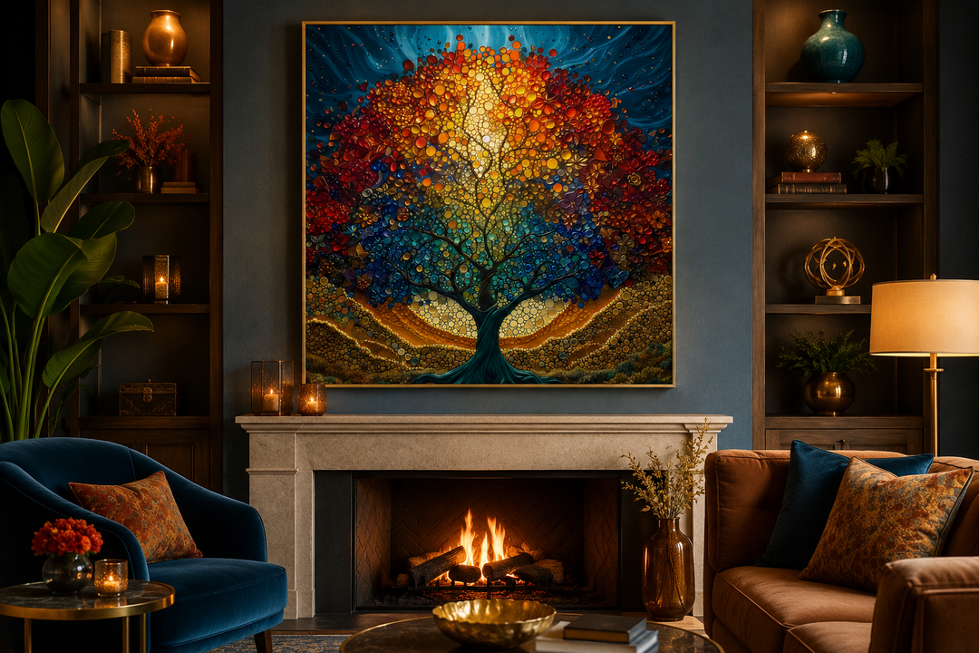 Square framed canvas wall art of a colorful stained glass style Yggdrasil tree above a fireplace.