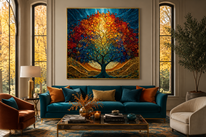Square framed canvas art of a colorful stained glass style Yggdrasil tree above a teal sofa.