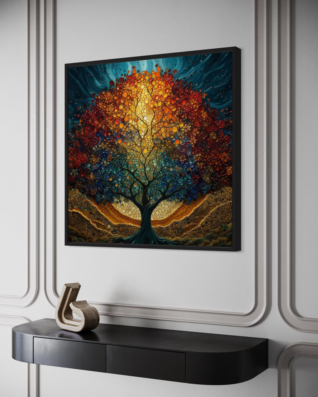 Tree Of Life Stained Glass Style Yggdrasil Square Framed Canvas Wall Art