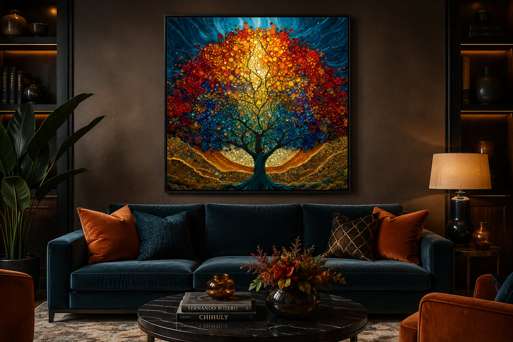 Square framed canvas wall art of a colorful stained glass style Yggdrasil tree above a blue sofa.