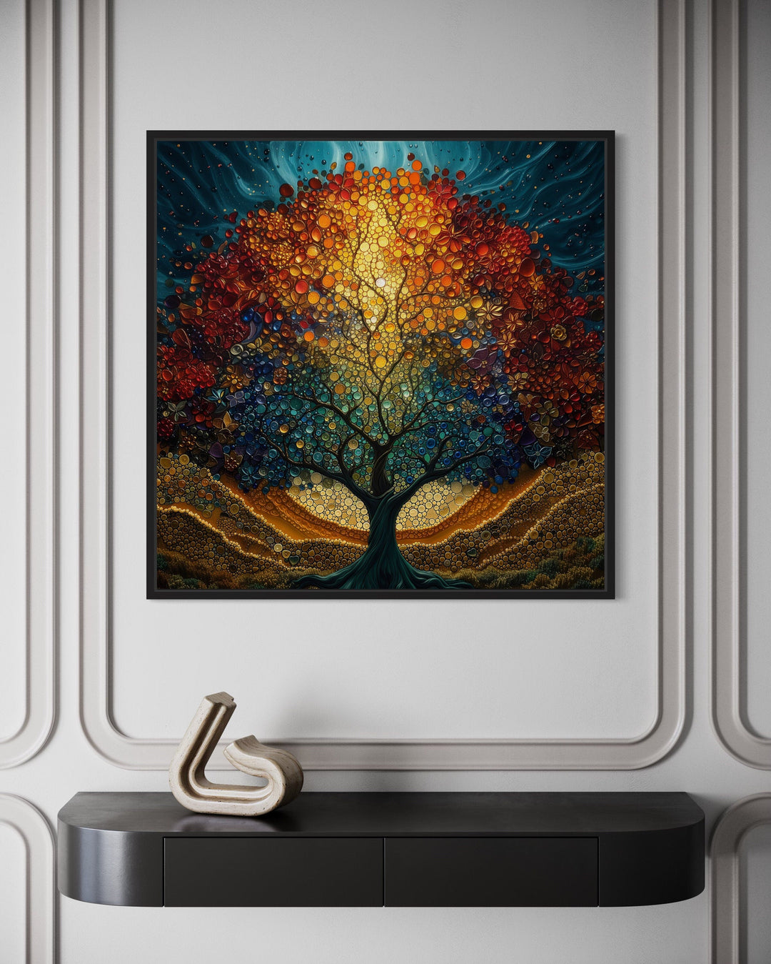 Square framed canvas wall art of a stained glass style Yggdrasil tree of life in vibrant colors.