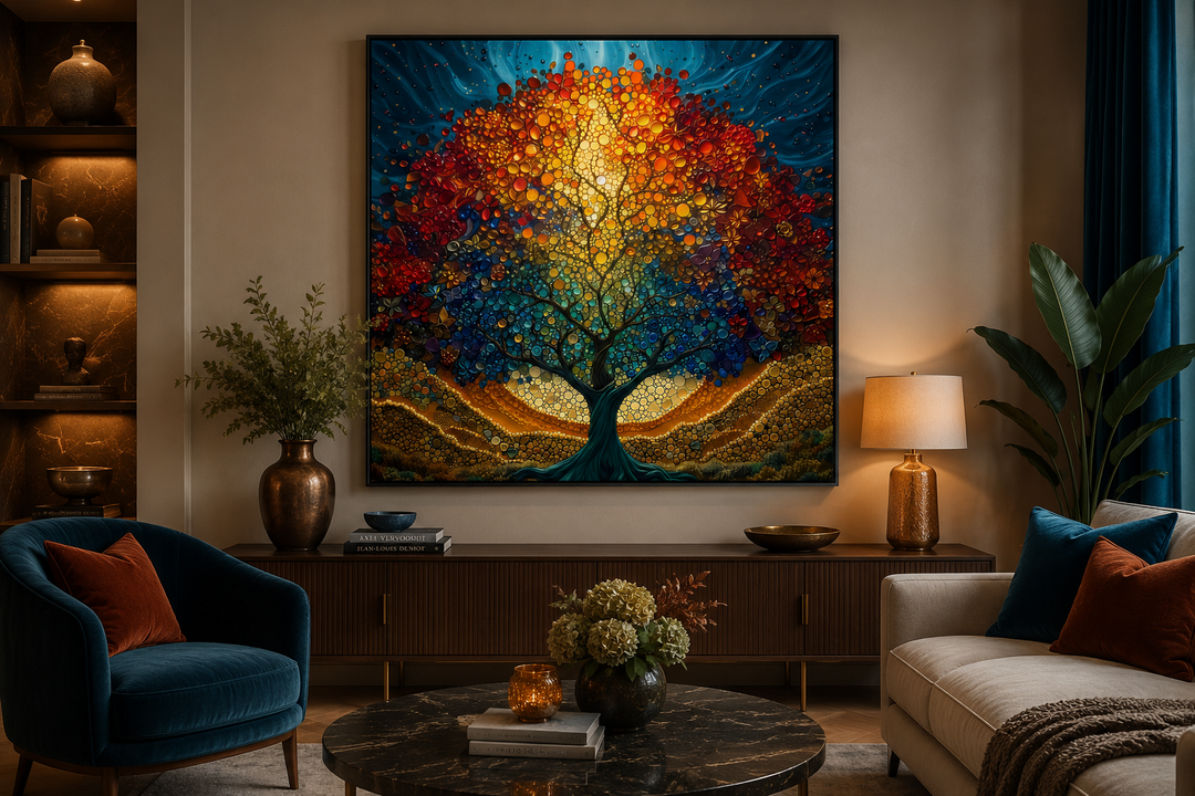Square framed canvas art of a colorful stained glass style Yggdrasil tree above a wooden sideboard.