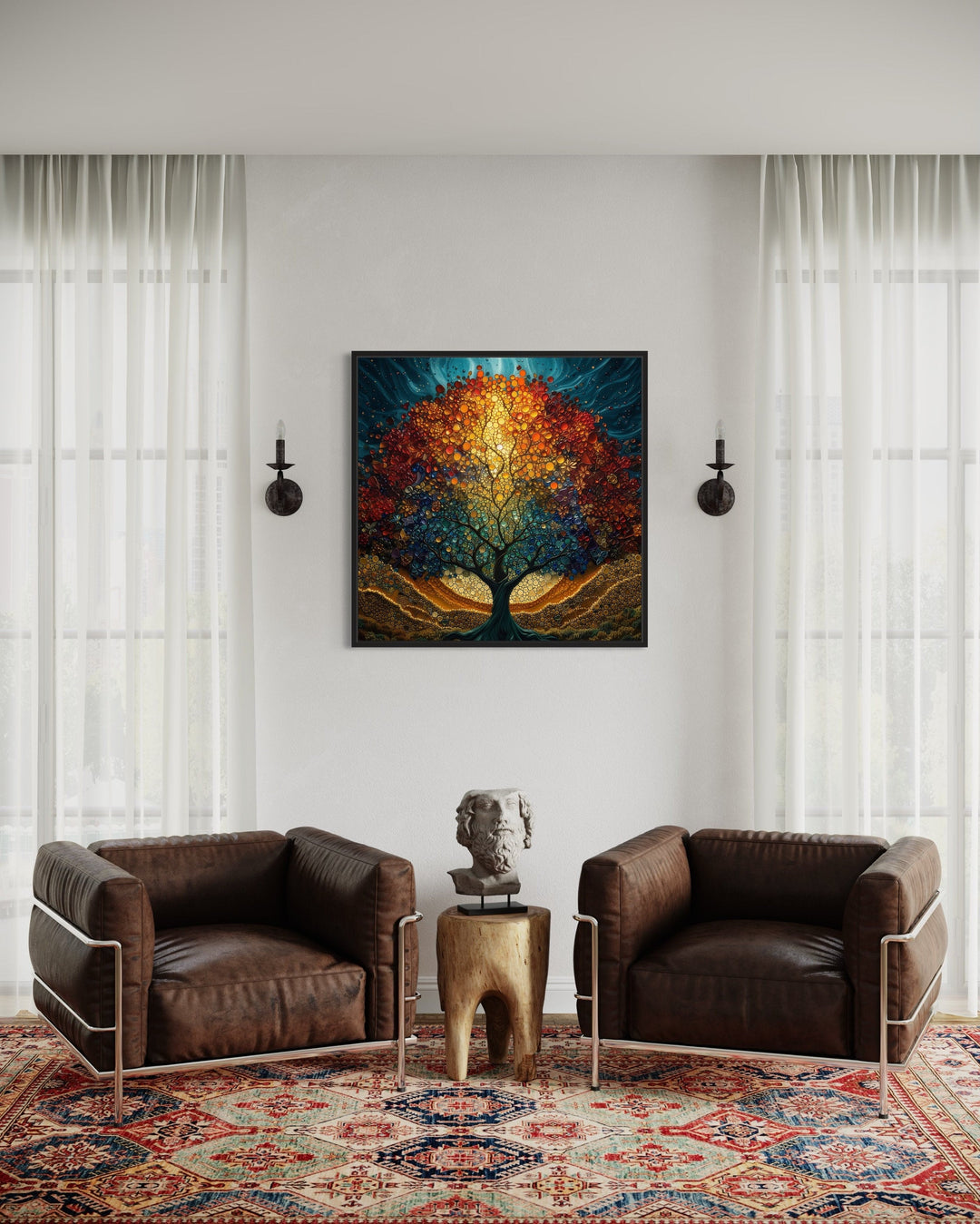 Tree Of Life Stained Glass Style Yggdrasil Square Framed Canvas Wall Art