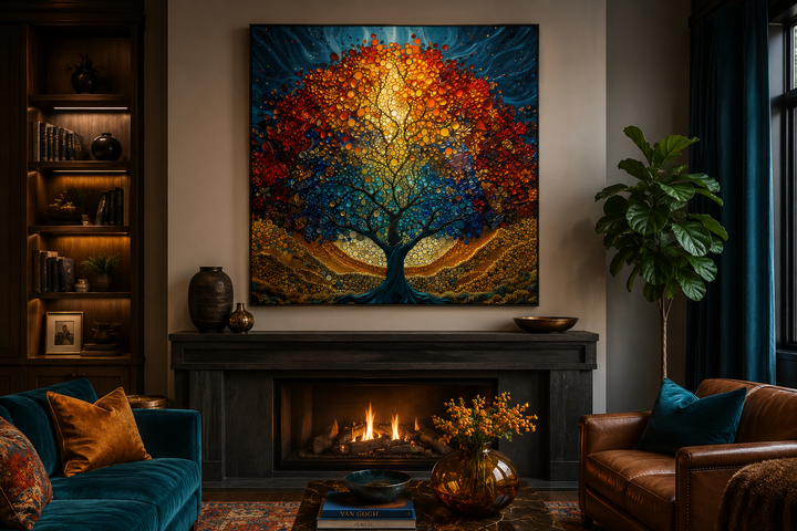 Square framed canvas wall art of a colorful stained glass style Yggdrasil tree above a fireplace.