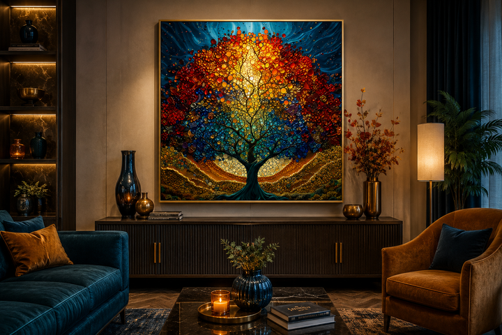 Square framed canvas wall art of a colorful stained glass style Yggdrasil tree of life in a room.
