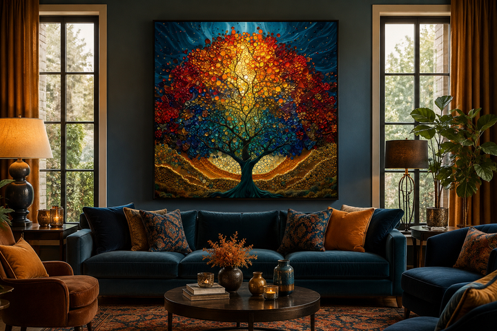Square framed canvas wall art of a colorful stained glass style Yggdrasil tree above a blue sofa.