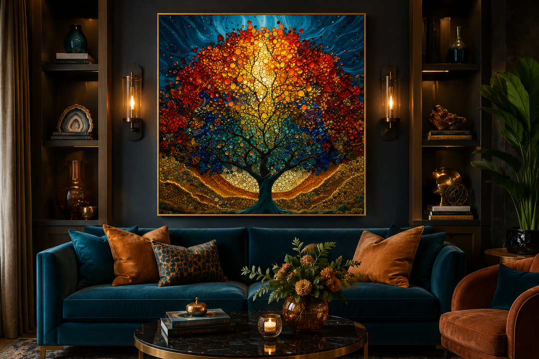 Square framed canvas wall art of a colorful stained glass style Yggdrasil tree above a blue sofa.
