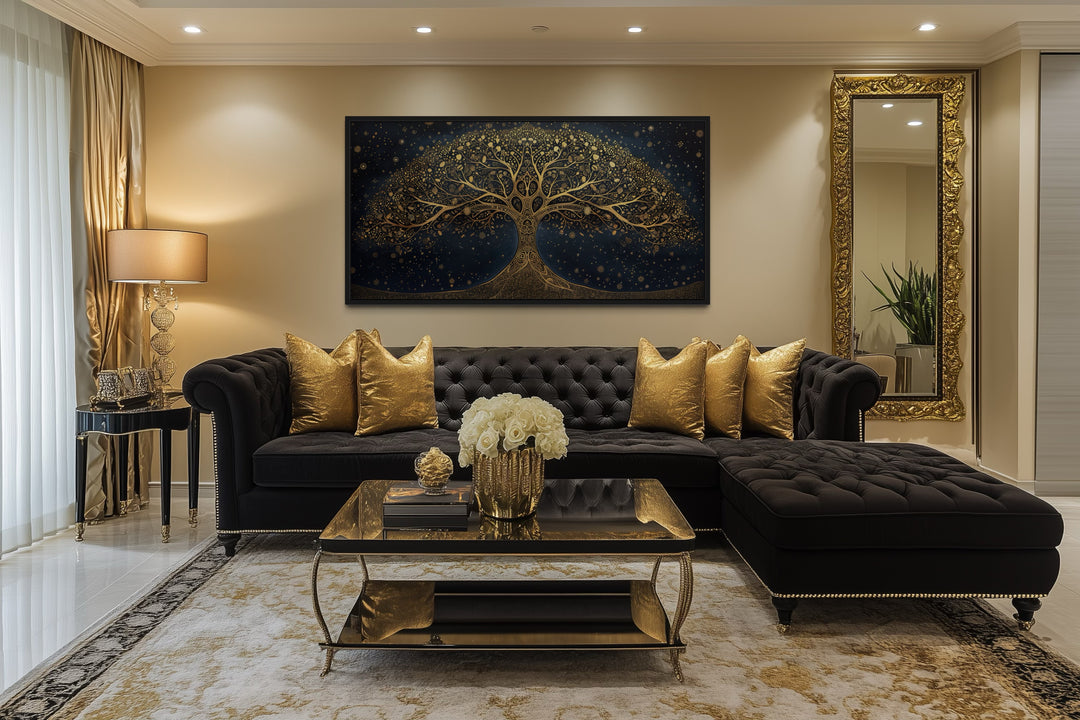 Tree Of Life Wall Art – Framed Canvas Print With Navy Blue & Gold Accent Artwork