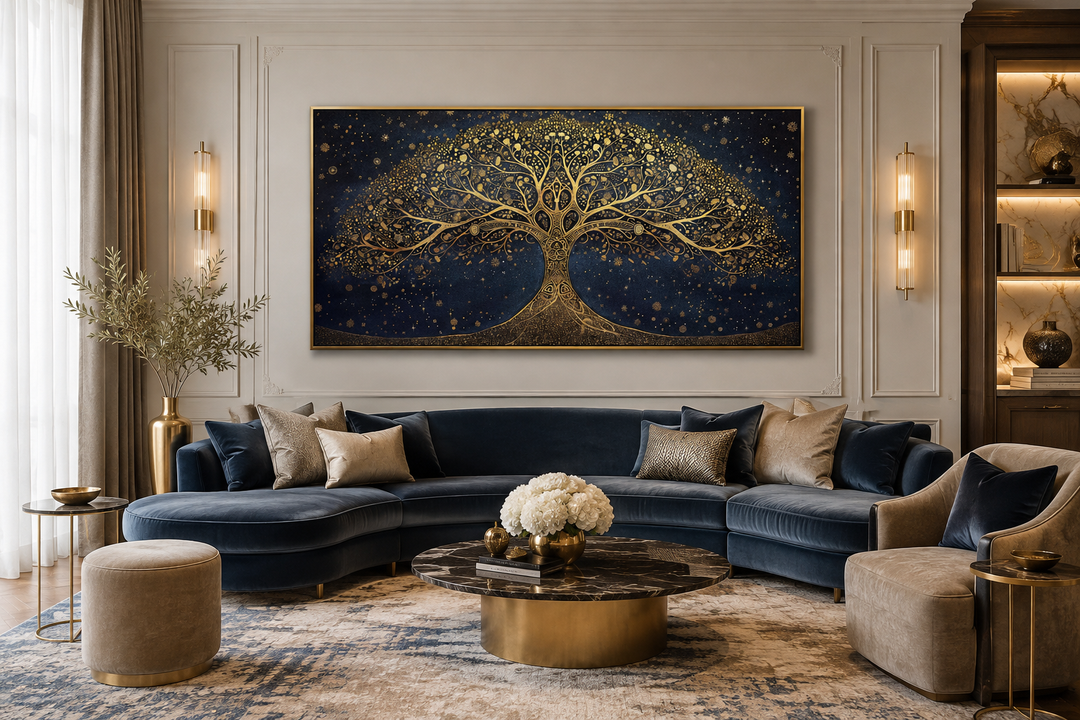 Framed horizontal canvas print of a gold Tree of Life on a navy blue background in a living room.