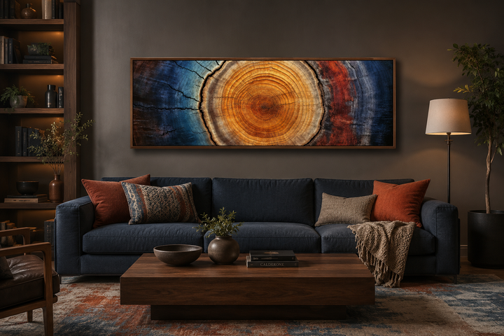 Tree ring long horizontal canvas wall art in a modern rustic living room above a navy blue couch.