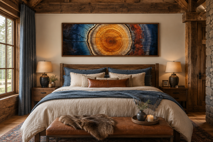 Long horizontal canvas wall art of abstract tree rings in blue and orange above a rustic bed.
