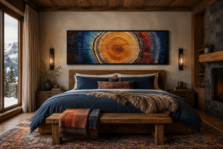 Long horizontal canvas wall art of a colorful tree ring slice above a bed in a rustic cabin.