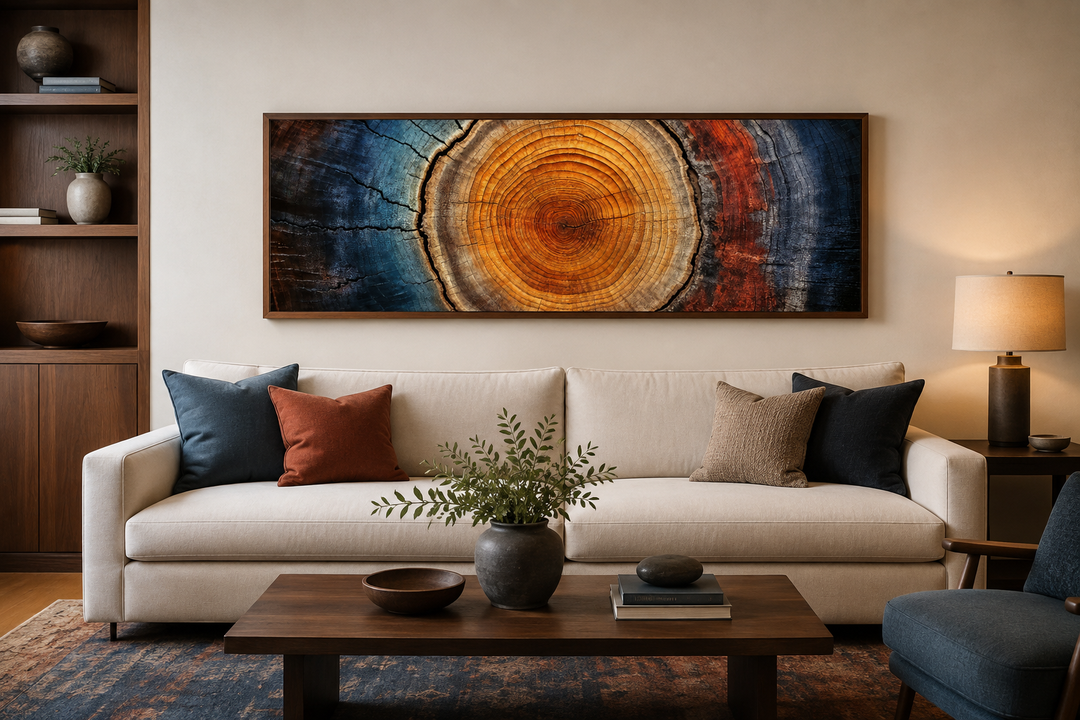 Tree ring long horizontal canvas wall art in a modern living room above a cream sofa.