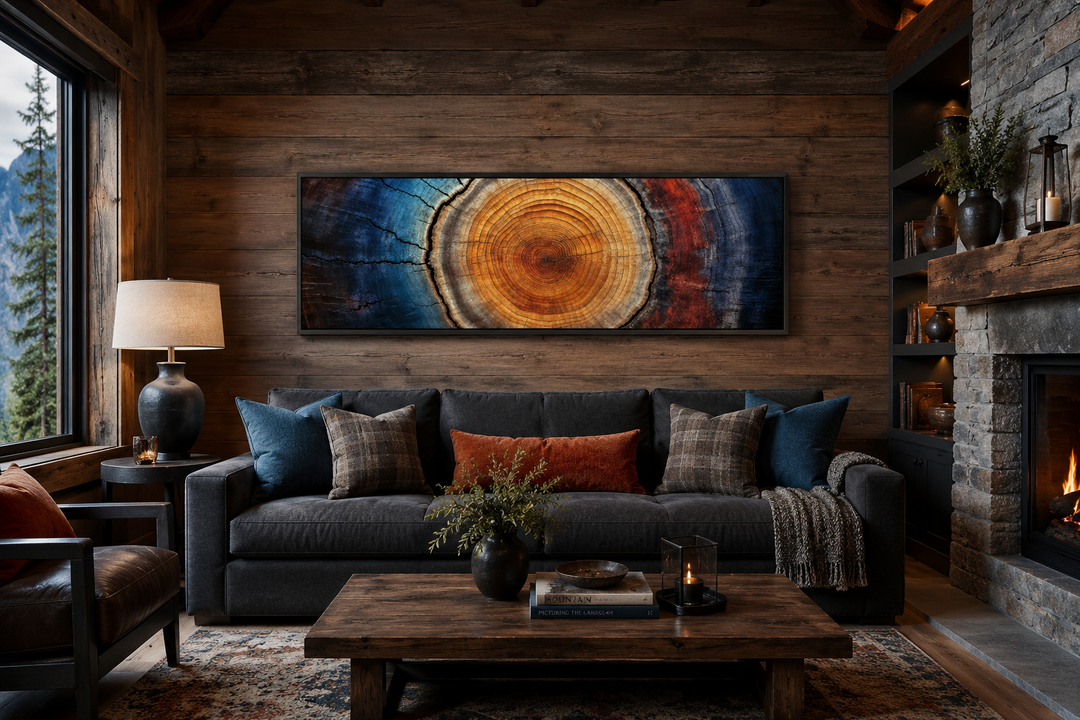Long horizontal canvas wall art of a colorful tree ring slice above a dark grey couch in a cabin.
