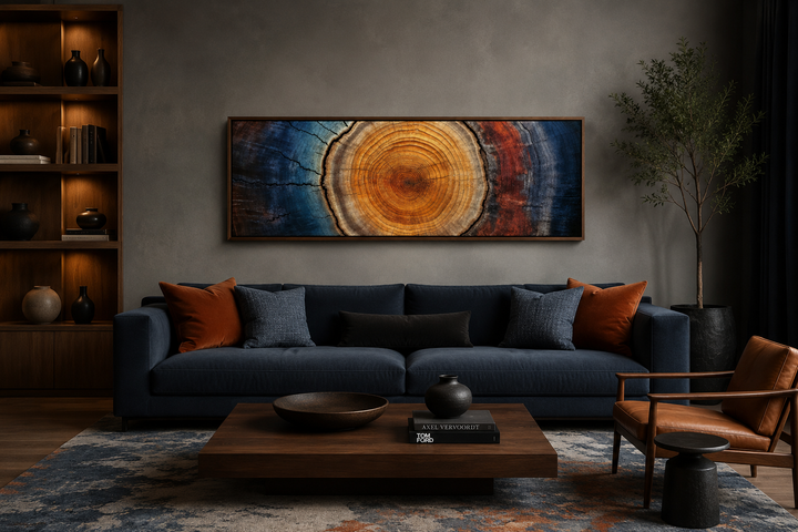 Horizontal canvas wall art of a colorful tree ring slice above a navy blue sofa in a modern room.
