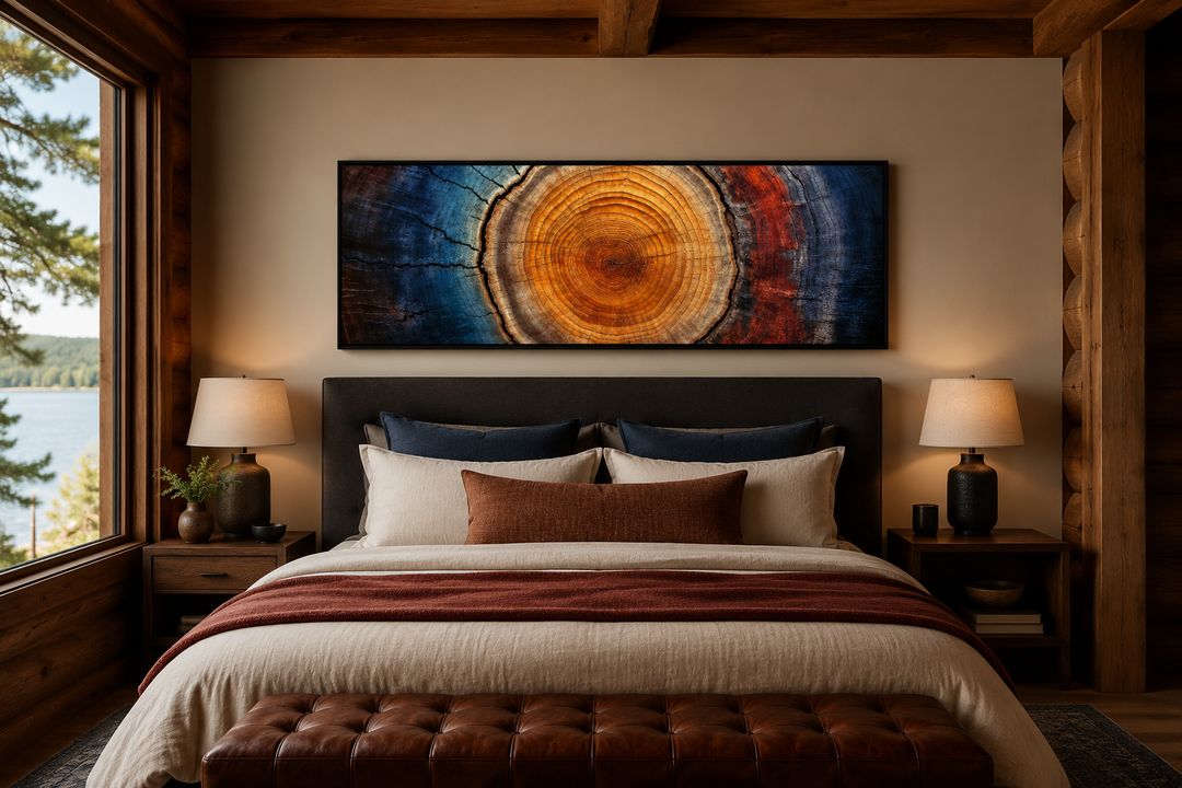 Horizontal canvas wall art of colorful abstract tree rings above a bed in a rustic cabin bedroom.