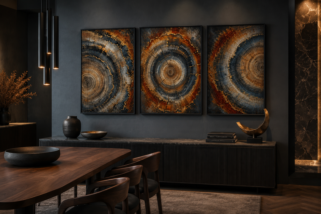Three-piece canvas wall art set featuring abstract tree ring patterns in copper and charcoal tones.