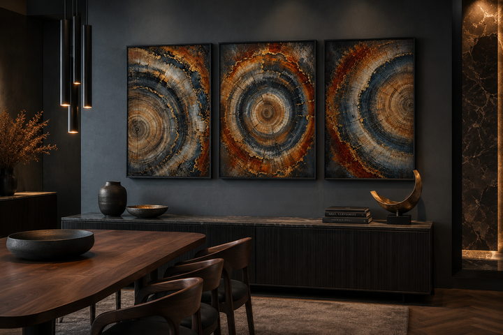 Three-piece canvas wall art set featuring abstract tree ring patterns in copper and charcoal tones.