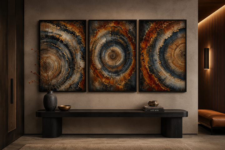 Three-piece canvas wall art set featuring abstract tree ring patterns in copper, amber, and charcoal.
