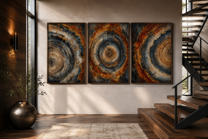 Three-piece canvas wall art set featuring abstract tree ring patterns in copper, amber, and charcoal.
