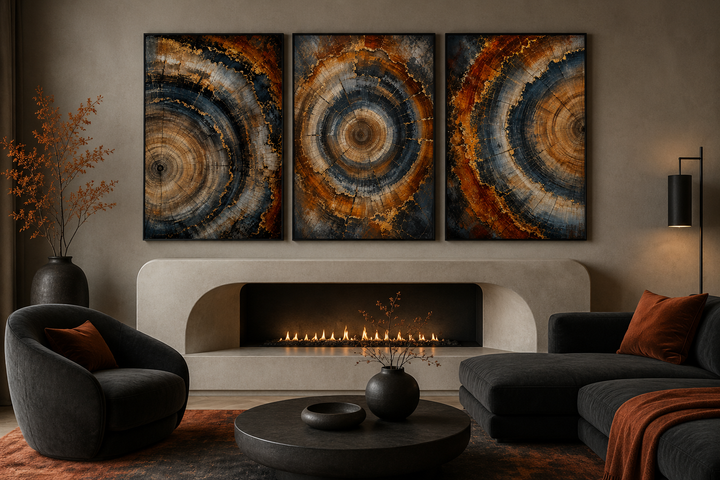 Three-piece tree ring canvas wall art set with copper and charcoal wood grain circles over a mantel.