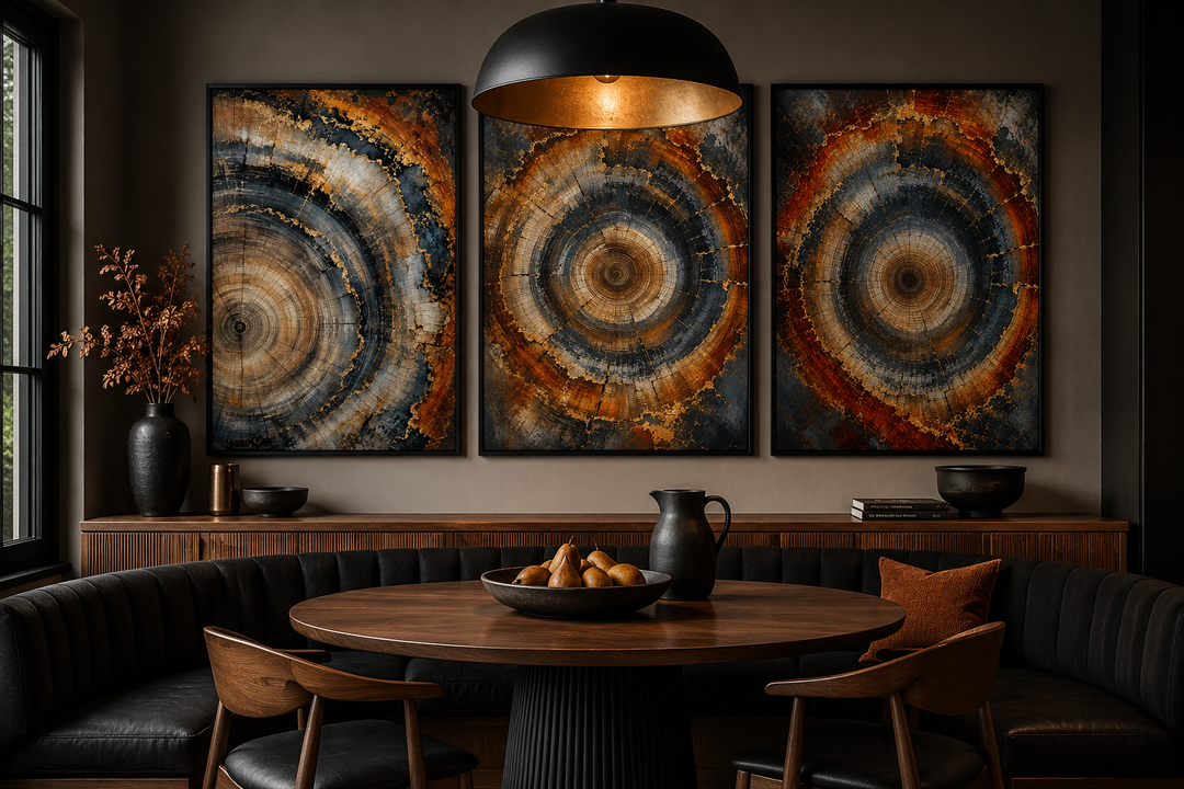 Three-piece canvas wall art set featuring abstract tree ring patterns in copper and charcoal tones.
