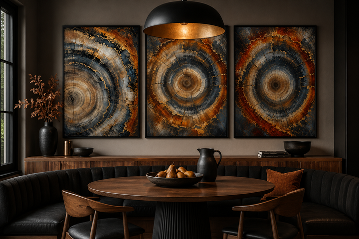 Three-piece canvas wall art set featuring abstract tree ring patterns in copper and charcoal tones.