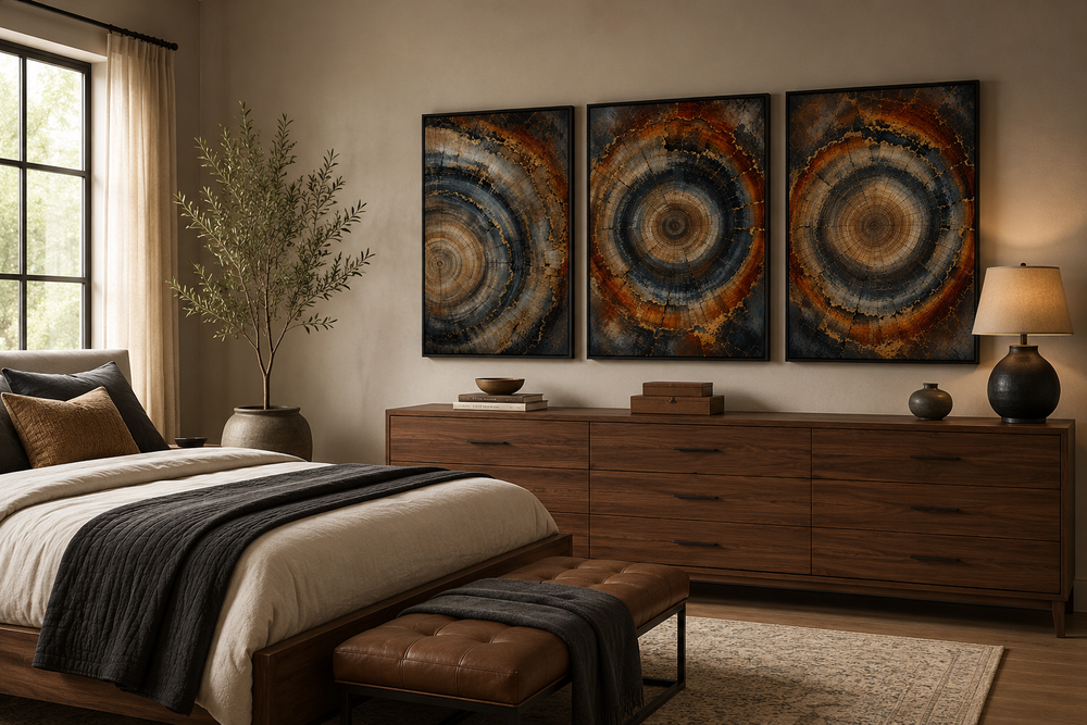 Three-piece canvas wall art set featuring abstract tree ring patterns in copper and charcoal tones.