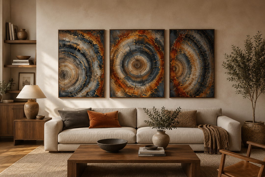 Three-piece tree ring canvas wall art set with copper and charcoal wood grain circles over a sofa.