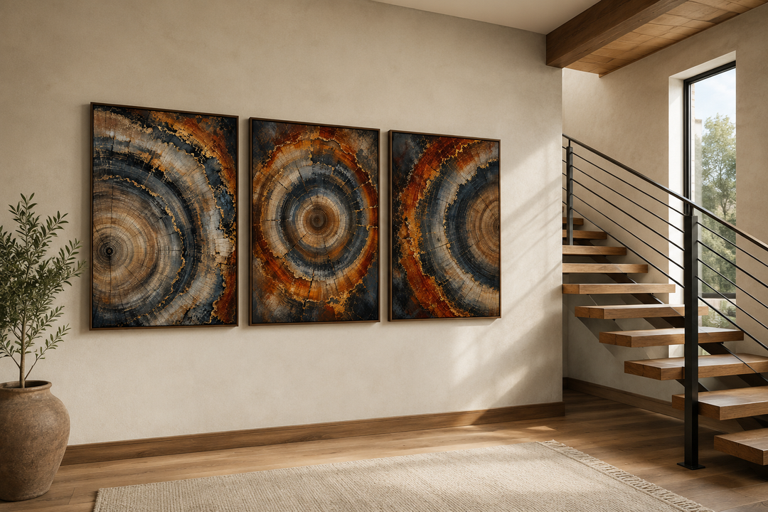 Three-piece canvas wall art set featuring rustic orange and charcoal tree ring circles on a wall.