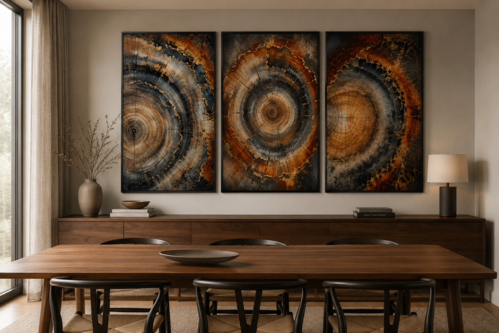 Three-piece canvas wall art set featuring abstract tree ring patterns in copper, amber, and black.