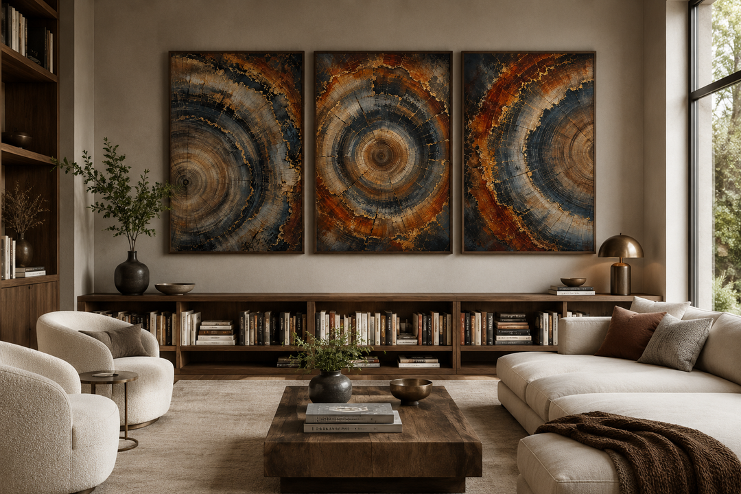 Three-piece canvas wall art set featuring abstract tree ring patterns in copper, amber, and charcoal.