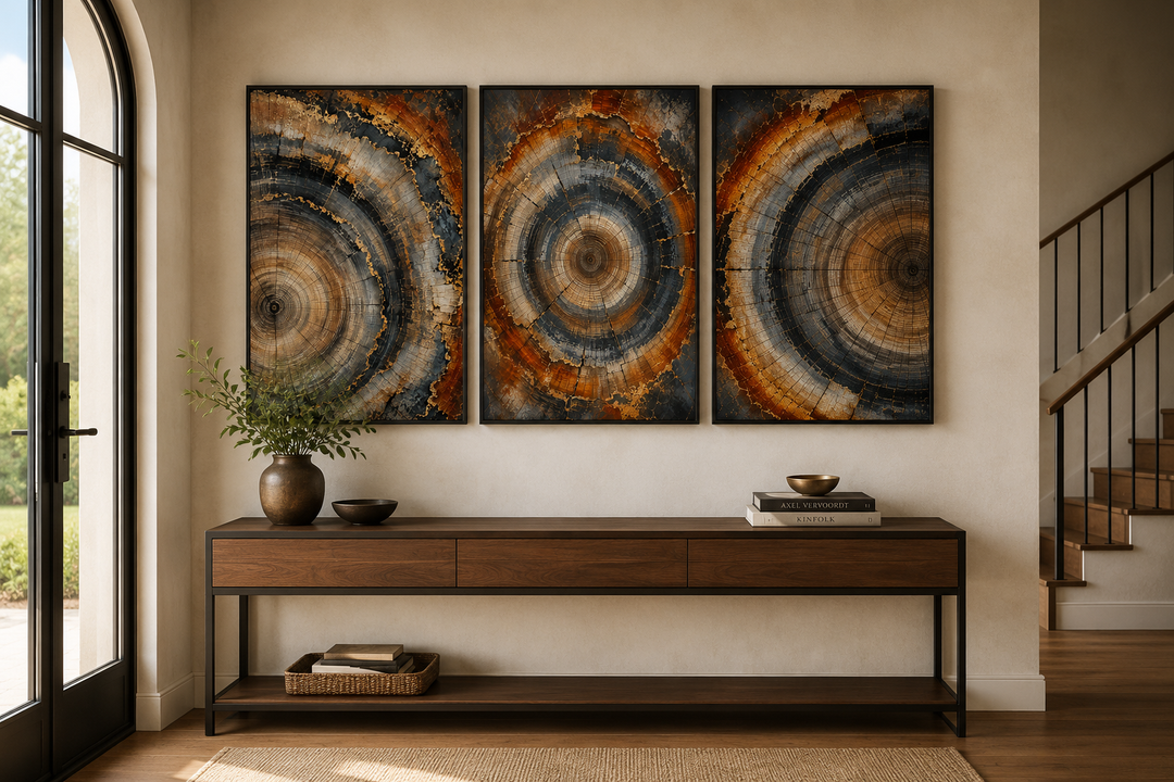Three-piece canvas wall art set featuring rustic tree ring patterns in copper and charcoal tones.