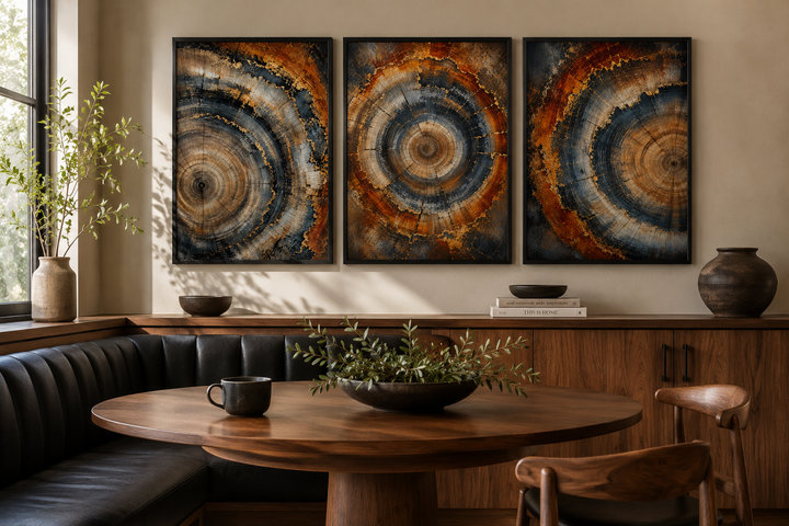 Three-piece canvas wall art set featuring abstract tree ring patterns in copper, amber, and charcoal.
