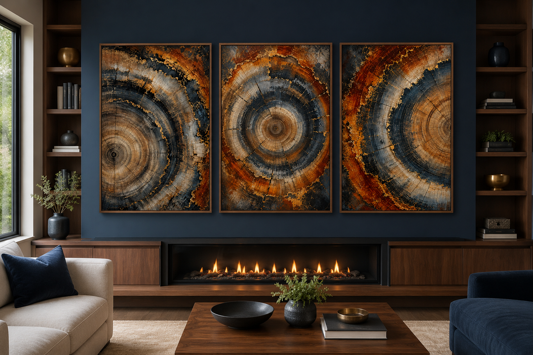Three-piece tree ring canvas wall art in copper and charcoal above a modern fireplace.