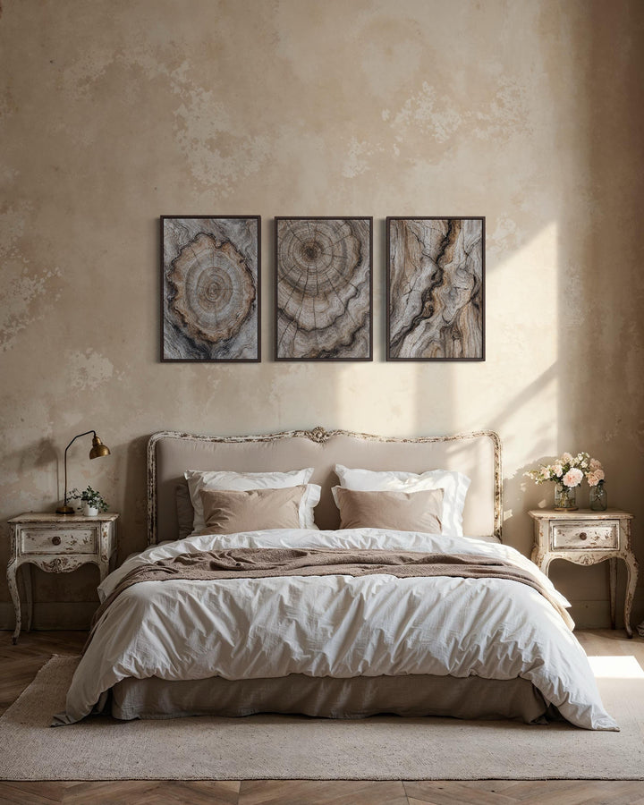 Tree Rings Wood Grain Set of 3 Canvas Wall Art displayed above a bed in a rustic bedroom.