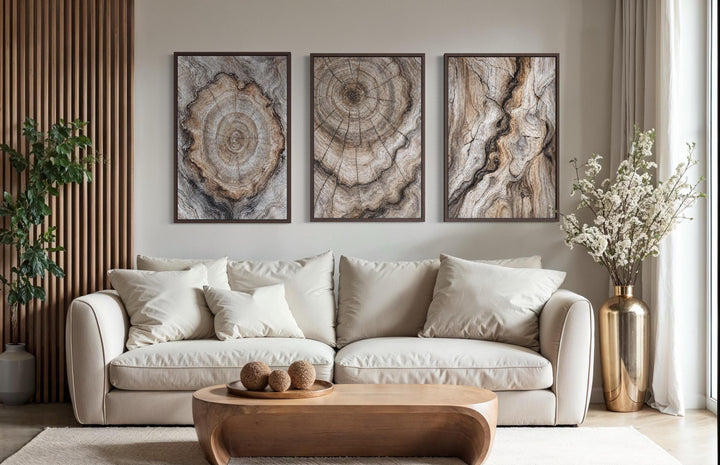 Triptych of three vertical canvas wall art panels featuring detailed tree ring wood grain patterns.